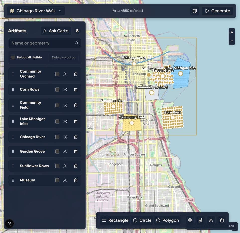 Cartowright artwork view showing editable illustrated map artifacts over Chicago