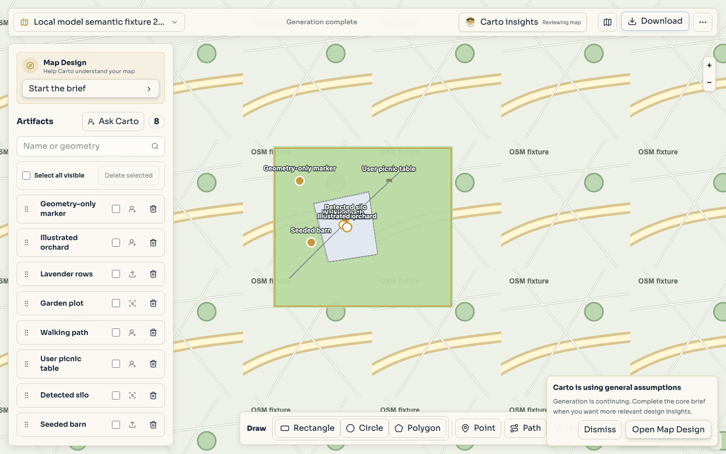 Cartowright editor showing generated map artwork, the artifact list, Carto insights, and download controls