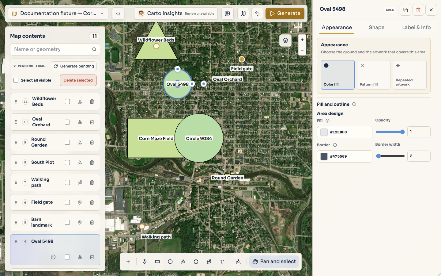 Rectangle, circle, and oval examples placed on the map.