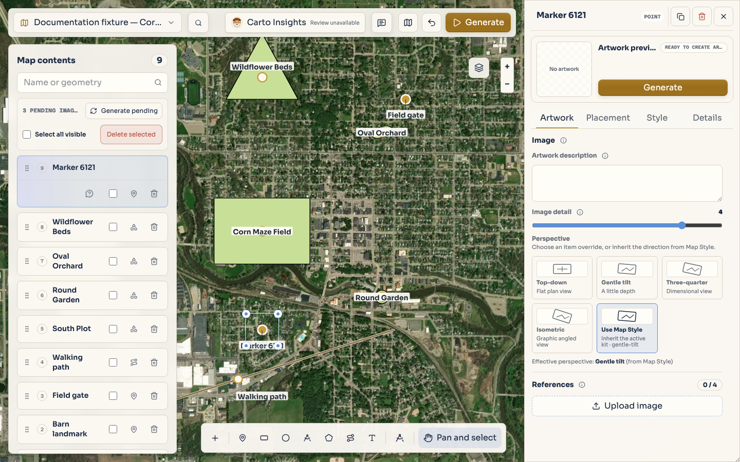 A newly placed point selected in the map editor with its inspector open.