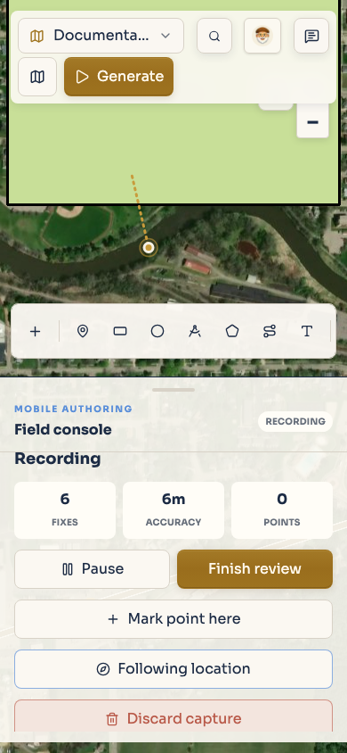 Mobile field capture showing three accepted location fixes and capture controls.