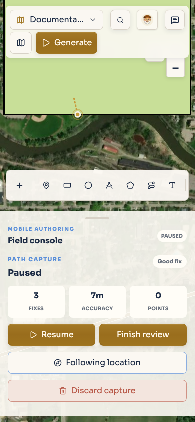 An active field capture paused before collecting more fixes.