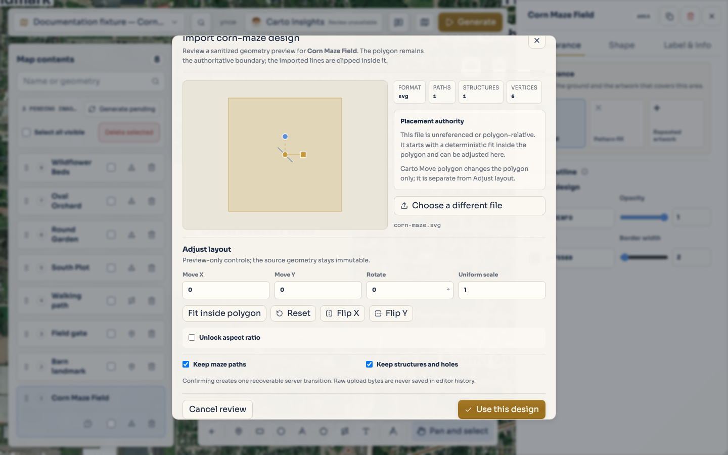 The corn-maze import review dialog showing normalized geometry and review controls.