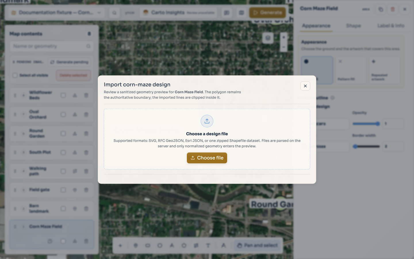 The file chooser prompt before selecting a supported corn-maze design.